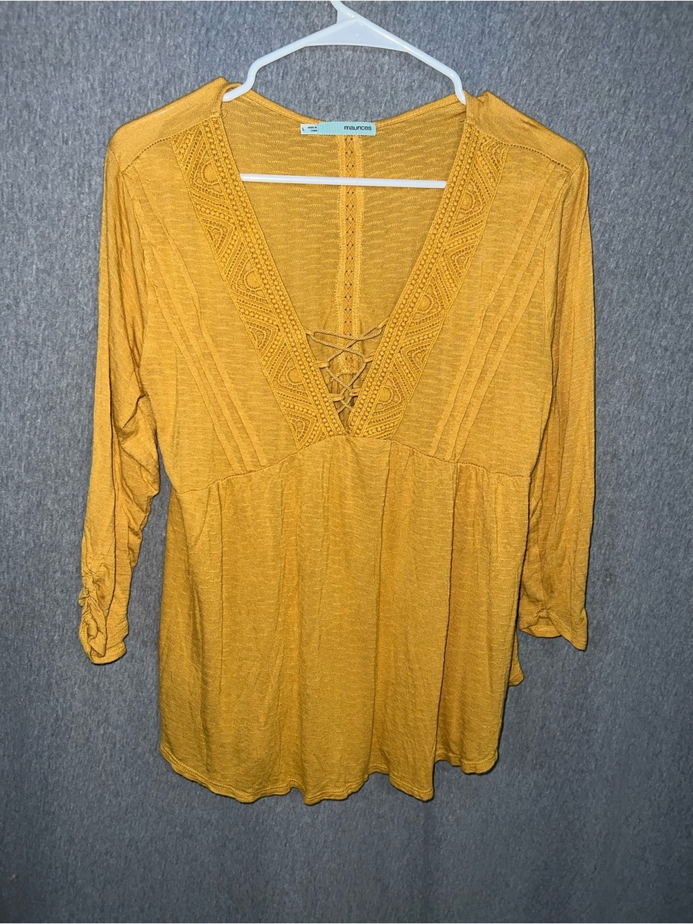 Maurices Mustard Lace-Up V-Neck Blouse